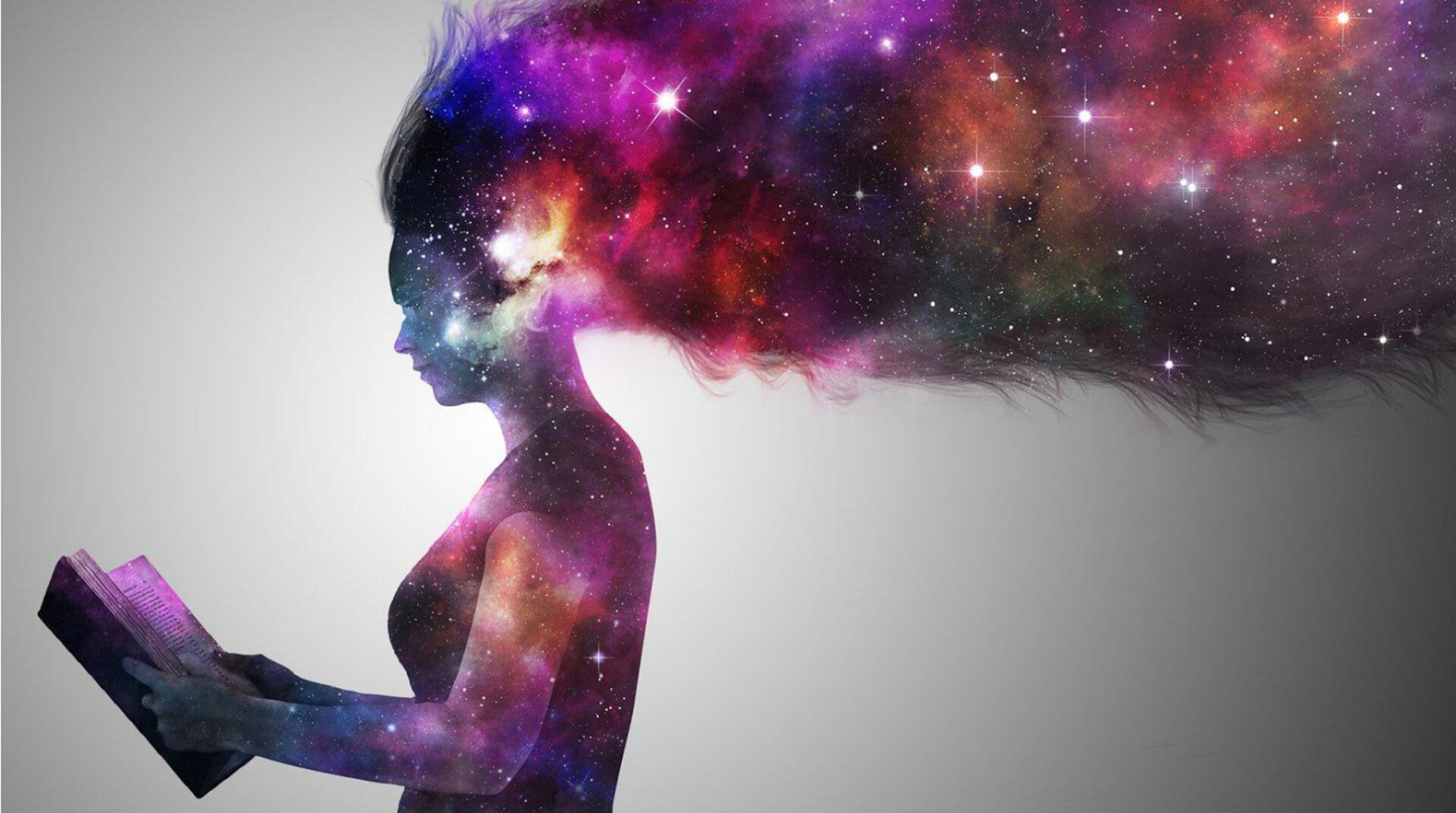Newsletter featured image of a woman reading a book with the image of a galaxy of stars superimposed on the person and their hair